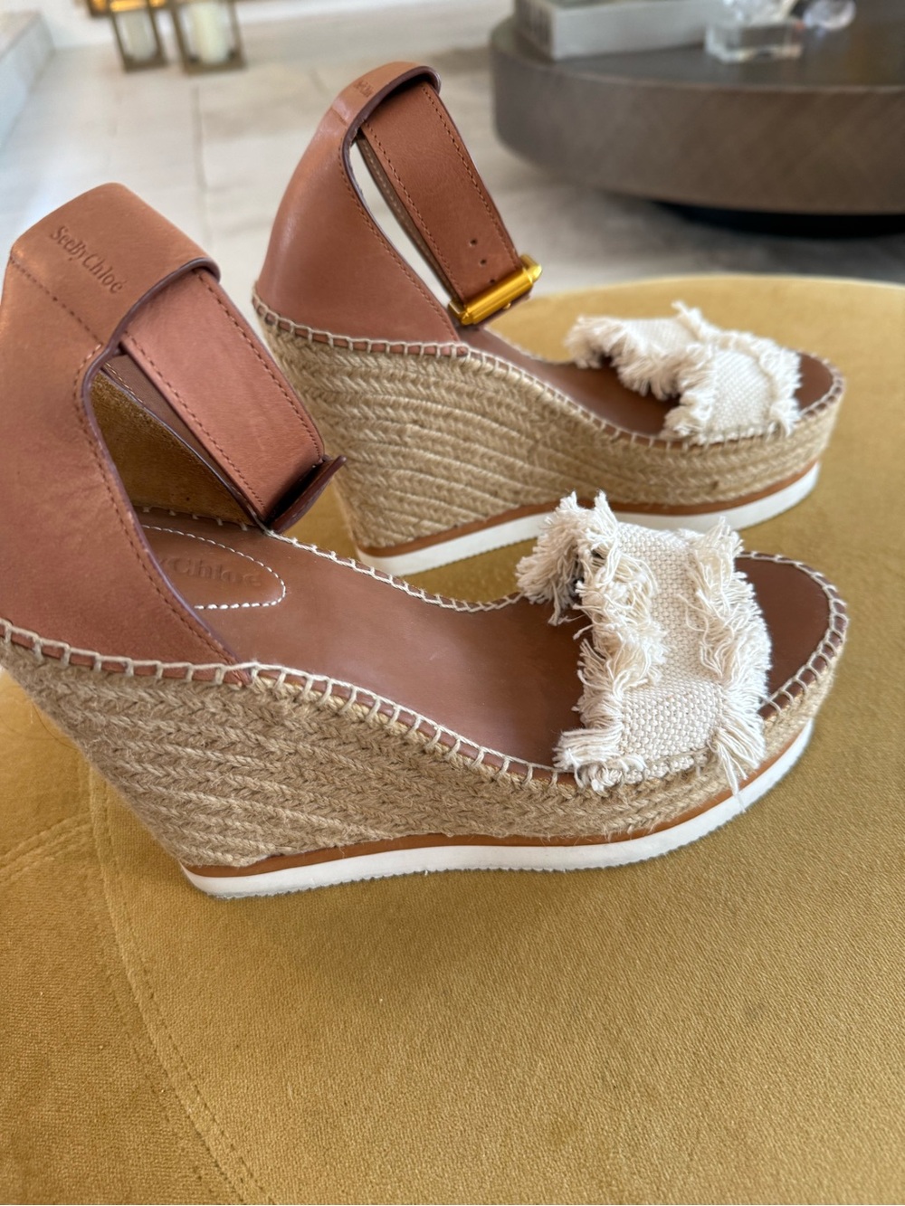 See by Chloé Tan Leather Espadrille Wedge Sandals with Cream Fringed Strap - Picture 6 of 8
